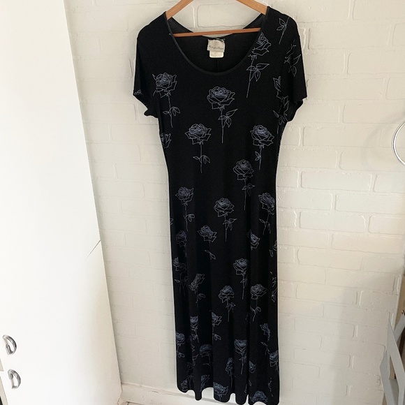 Vintage Y2K 90s Maxi Slinky dress Dark Floral Fairy Roses Romantic Black Blue M - Picture 1 of 11